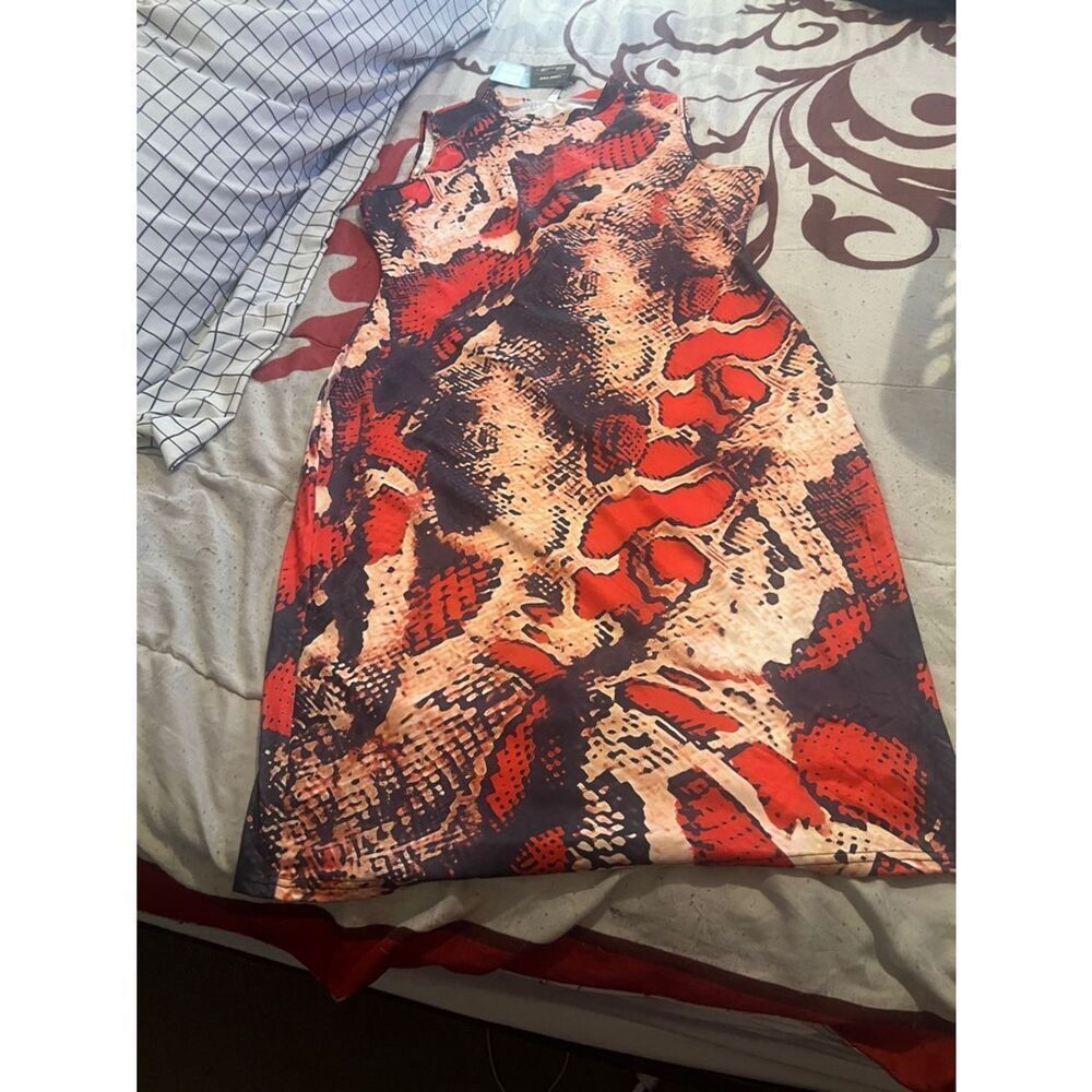 Sleeveless Midi Dress in Red & Tan Animal Print
